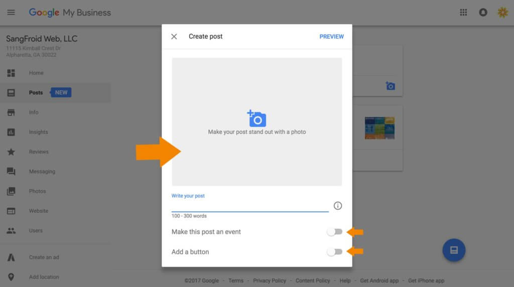 Add a photo, title, button and link to your Google My Business post.