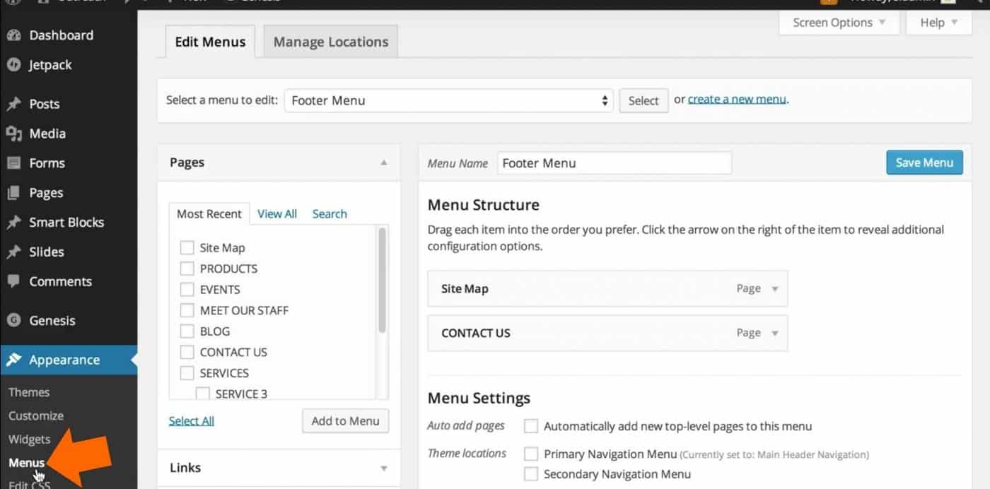 Navigate to "Appearance", and then "Menus" underneath Appearance in your WordPress dashboard.