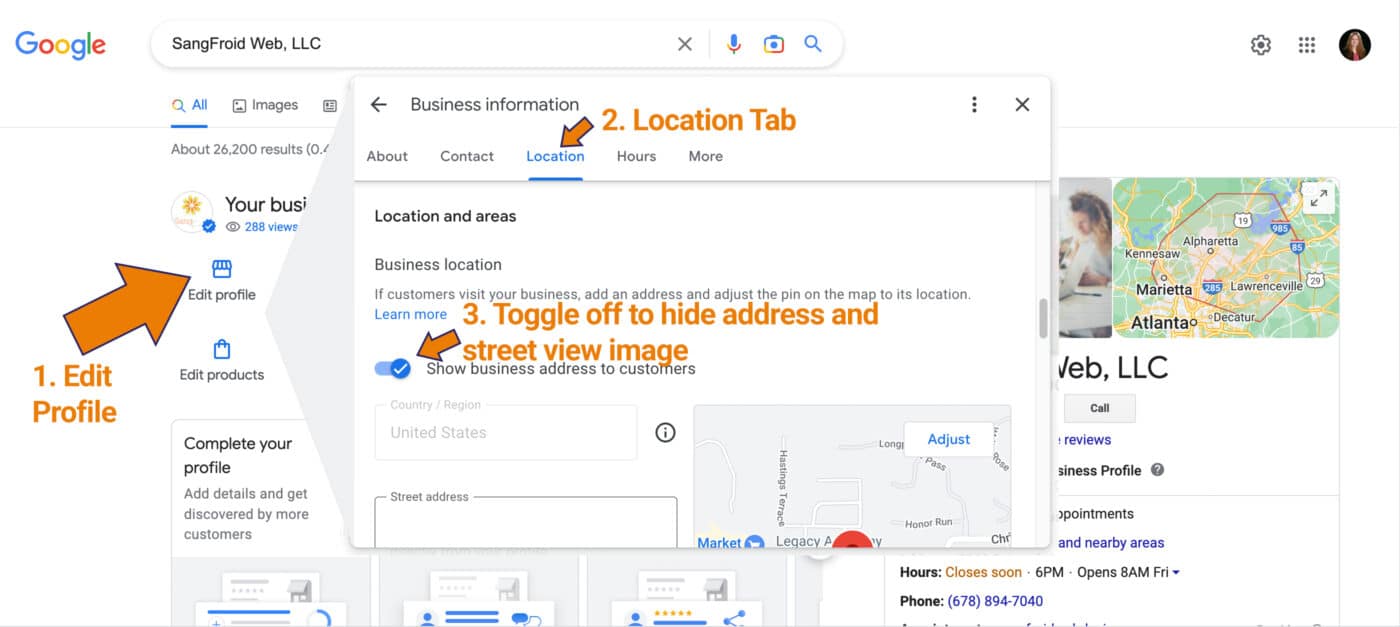 Toggle off address and street view image on Google Business Profile while managing on Search