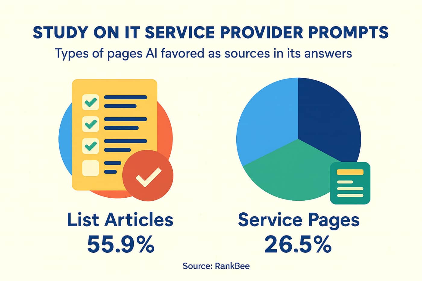 Study on IT Service Provider Prompts showed the types of pages AI favored as sources in its answers- List Articles 55.9% and Service Pages 26.5%.
